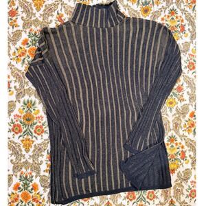 Peruvian Connection 100% Pima Cotton Mock Neck Ribbed Stripe Sweater Black Olive